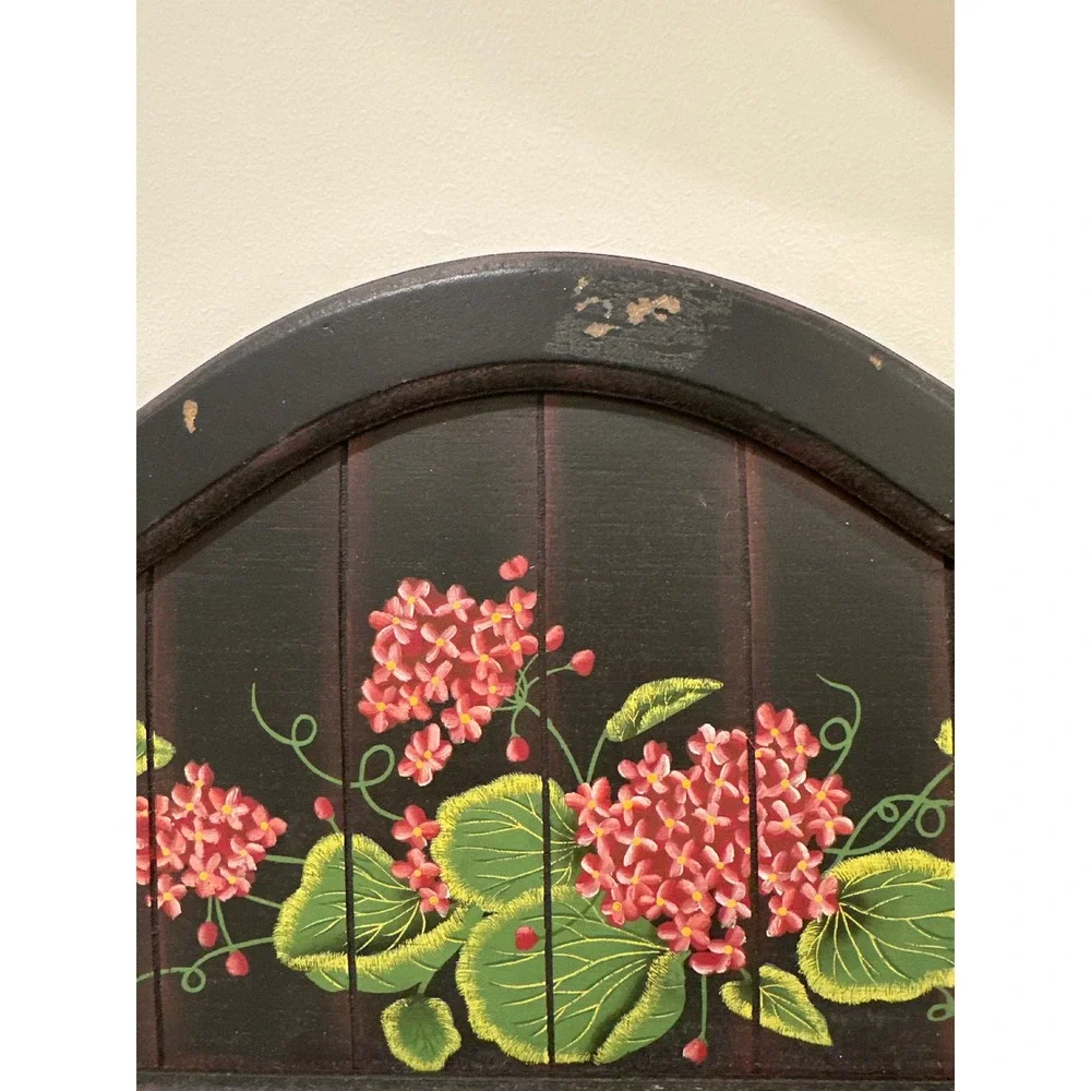 Vintage Hand Painted Floral Wood Wall Plaque Pink Flowers Black Arched Sign